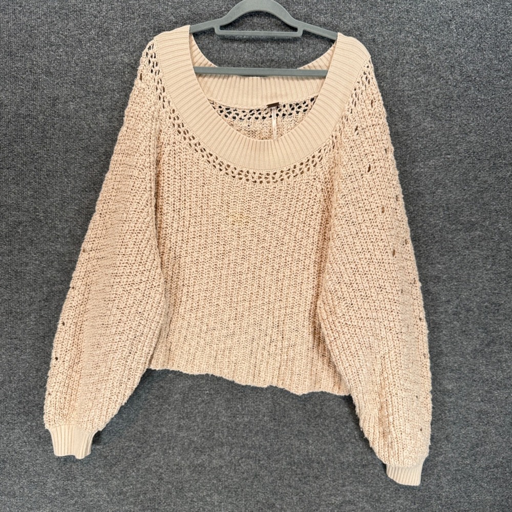 Free People Sweater Women Large Beige Chunky Cotton Knit Pointelle Oversized